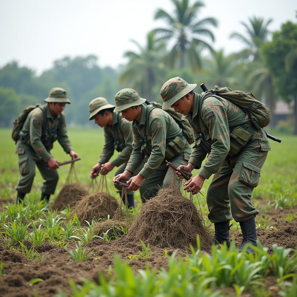 Hình ảnh chú bộ đội tham gia các hoạt động lao động giúp dân như xây dựng, gặt lúa